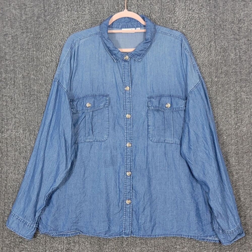 SO Shirt Womens XXL Blue Chambray Lyocell Long Sleeve Button-Up Tunic Top